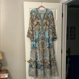 Soft Surroundings Blue Floral Paisley Maxi Dress with Embroidered V-Neck